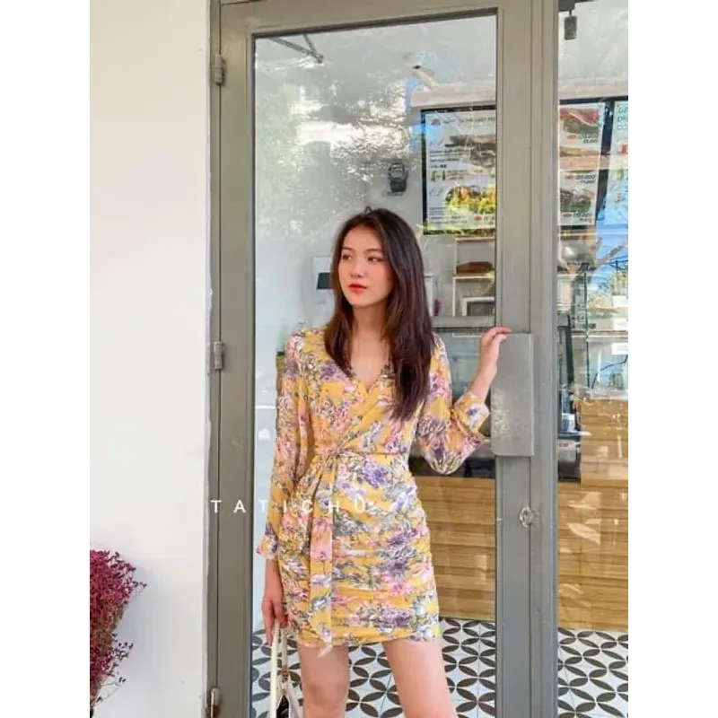 Váy nữ ánh kim họa tiết hoa dáng xinh màu vàng phối tím size M 1042546