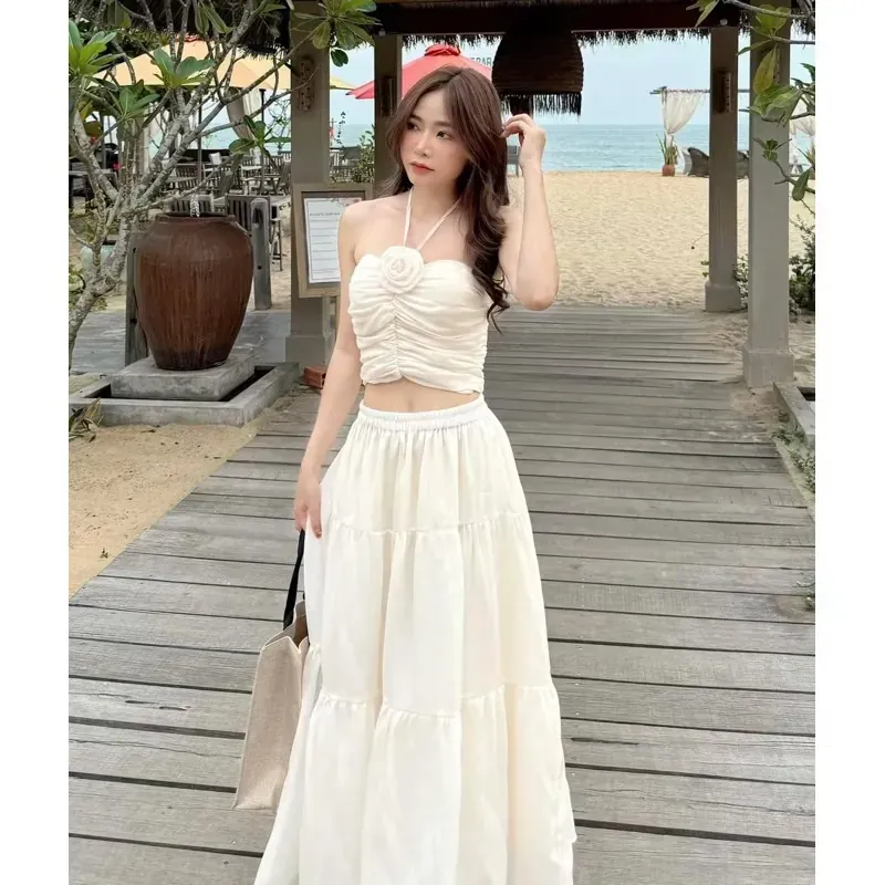 Váy maxi sét áo váy cúp ngực dây yếm ( không có tag hoa) kèm chân váy xòe dáng dài 1009298