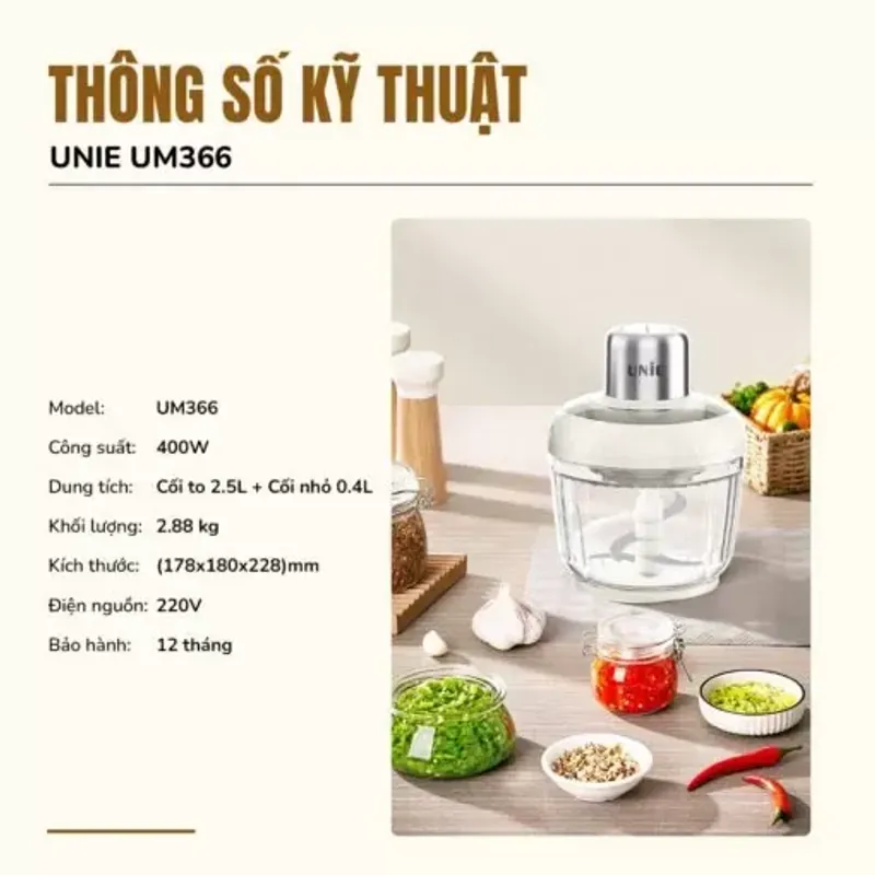 Máy xay thịt UNIE UM366 dung tích 2,5L, 2 cối xay thủy tinh 574464