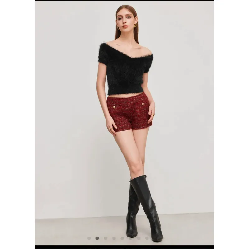 Áo knit- cổ V, có lông, tay ngắn 698659