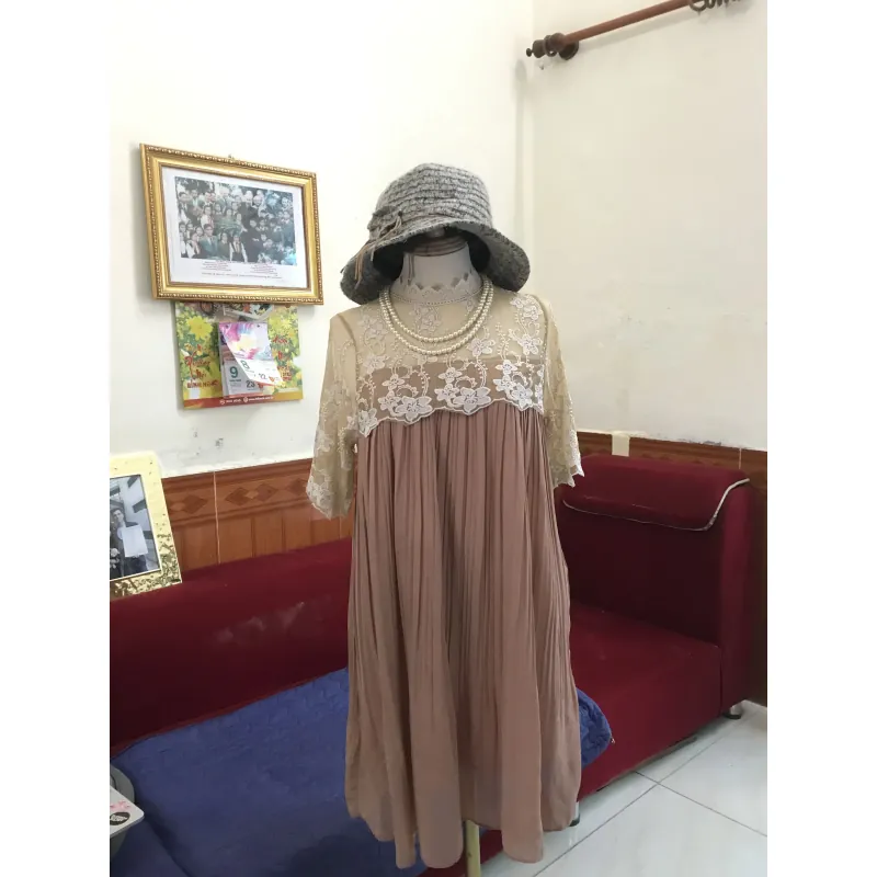 Váy tiểu thư phối ren ngực kiểu Pháp Free size Màu nâu tây 1041954
