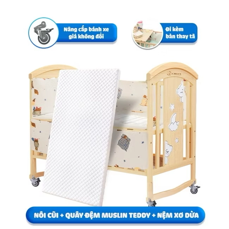 Cũi Chilux chính hãng kèm đệm xơ dừa và bộ quây như mới 386686