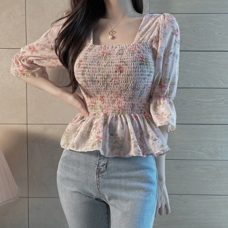 Áo Ngắn Tay Cổ Vuông In Hoa Phối Bèo Thời Trang Cho Nữ 496554
