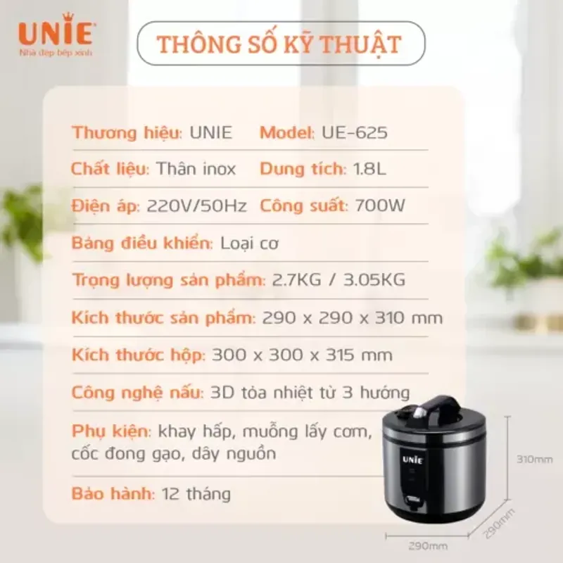 UNIE UE–625 – Nồi cơm điện dung tích 1.8L, nấu cơm mềm, tơi đều! 709569