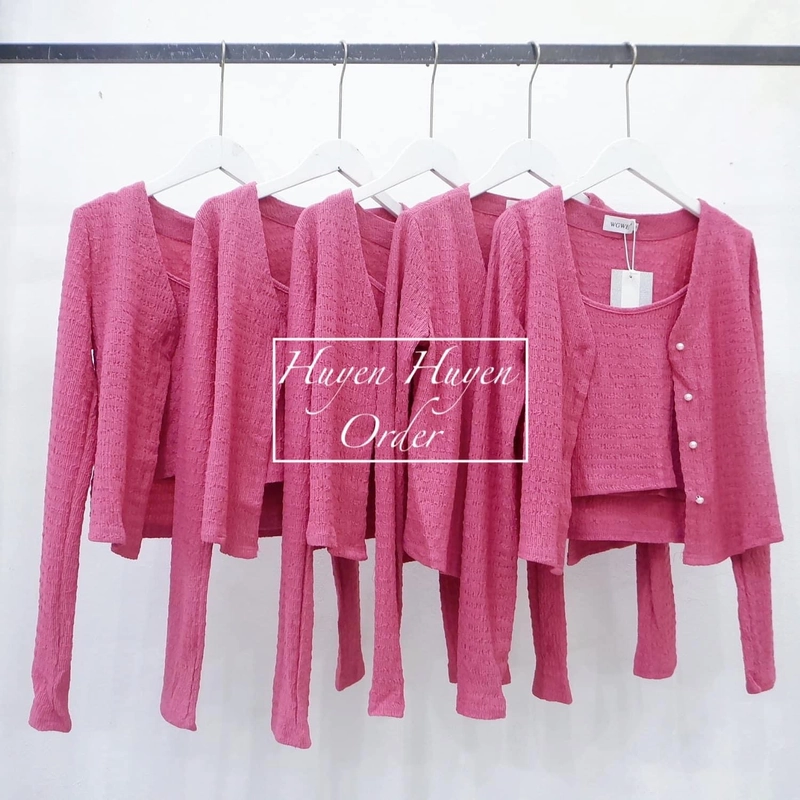 Set áo dây khoác cardigan hồng  380227