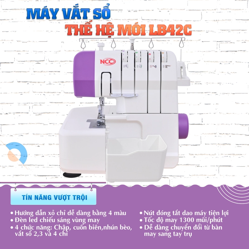 Máy vắt sổ gia đình NCC LB42C chập-nhún bèo-cuốn biên-vắt sổ-Chính hãng công ty 526052