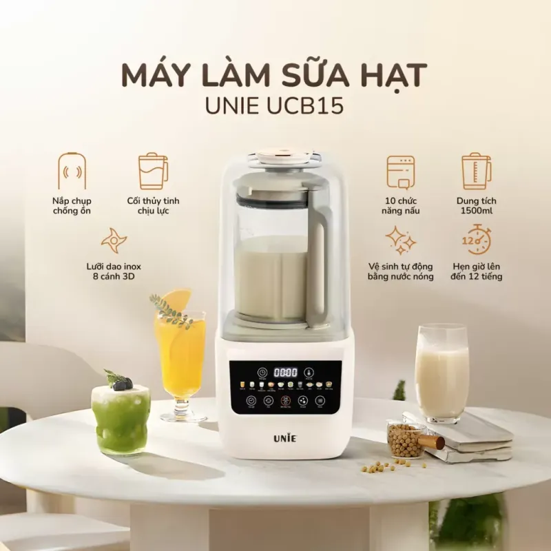 Máy làm sữa hạt UNIE UCB15 dung tích 1.5L, giảm ồn 30%, 10 chức năng nấu 798105