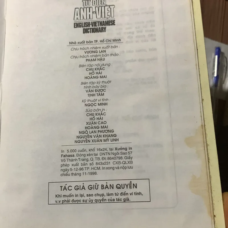 Từ điển Anh Việt, Viện Ngôn Ngữ học, in năm 1998 591538