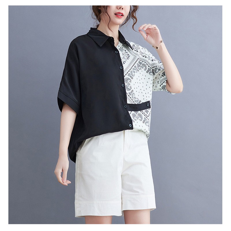 Áo sơ mi chiffon lụa tay ngắn form rộng hoạ tiết trắng đen không đối xứng retro 73814