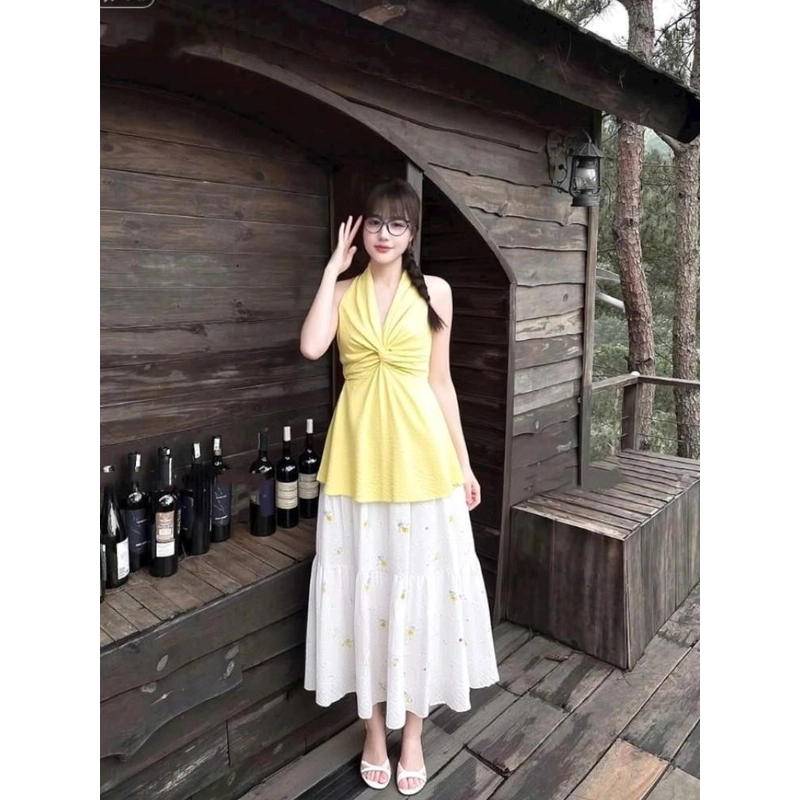 Áo Đũi Cổ Yếm Xoắn Ngực Hở Lưng Nhún Smocking Quyến Rũ Mặc Đi Chơi, Đi Biển 551182