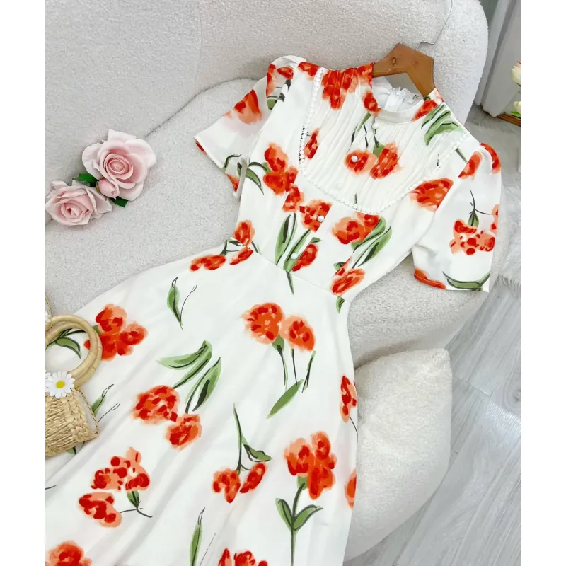 Váy đầm nữ tay ngắn họa tiết hoạ tiết phối đen_size M màu hồng 715963