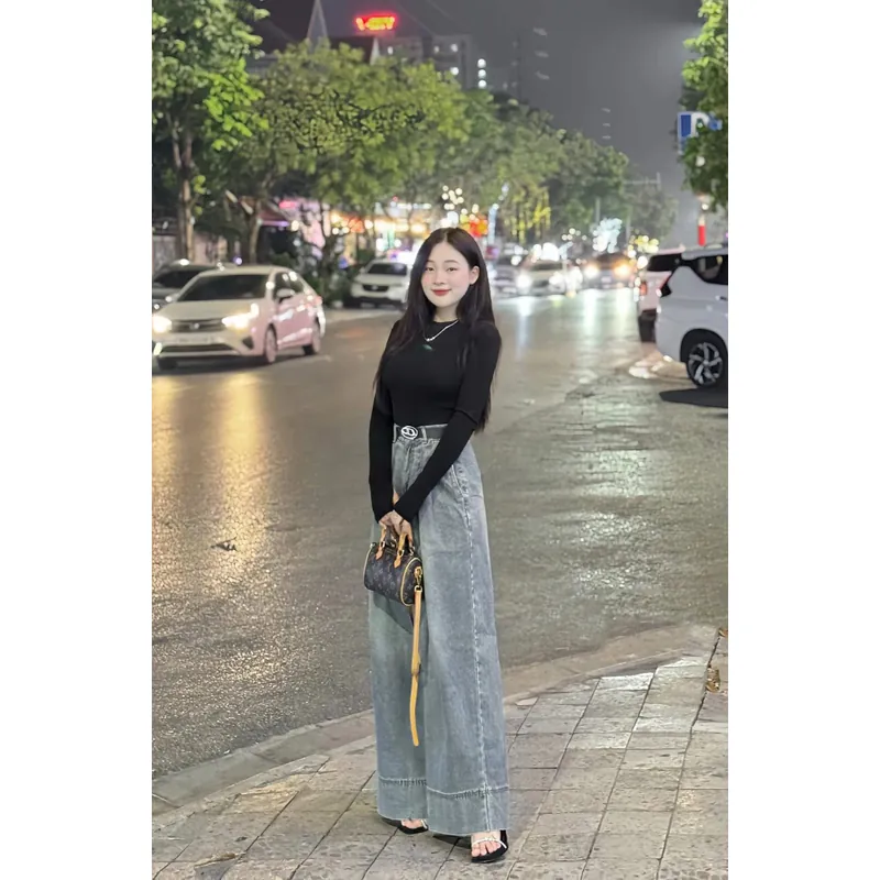 Quần jeans nữ ống suông ống rộng lưng cao tôn dáng màu xanh bạc đi học đi làm đi chơi  597110