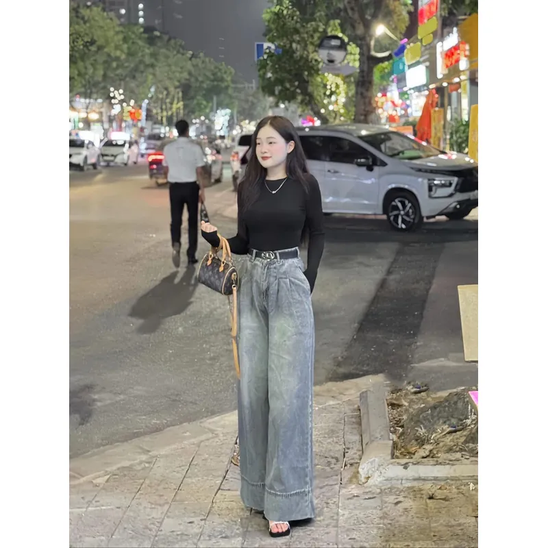 Quần jeans nữ ống suông ống rộng lưng cao tôn dáng màu xanh bạc đi học đi làm đi chơi  597110