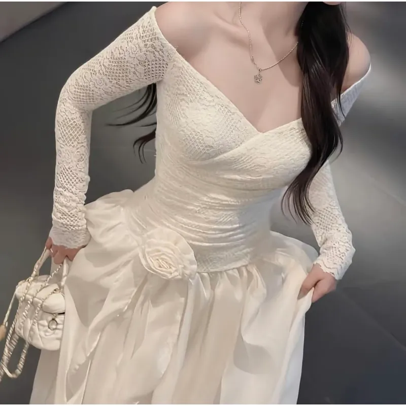 Đầm váy nữ ren phối tơ trễ vai đính hoa dài tay 1010714