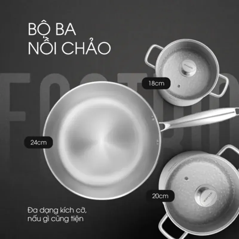Bộ nồi chảo inox liền khối KALITE ECO Trio, inox 304 an toàn, cấu trúc 3 lớp, bắt từ tốt 931512