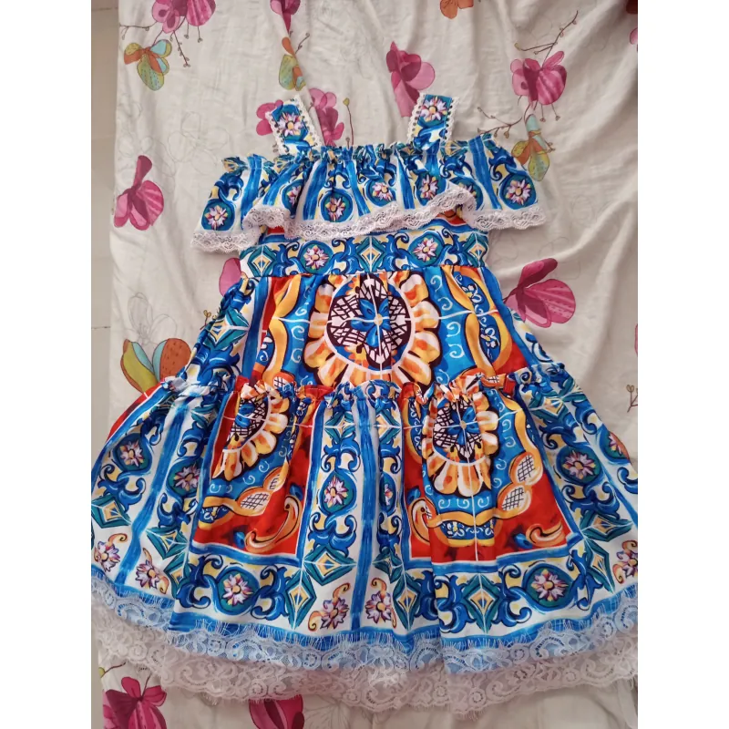 Váy hoạ tiết xanh trễ vai 753305