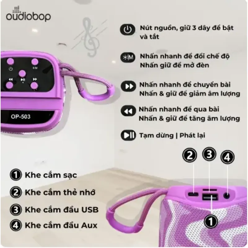 Loa Bluetooth không dây Oudiobop OP-503 bass mạnh, âm thanh sống động, pin khỏe 528398