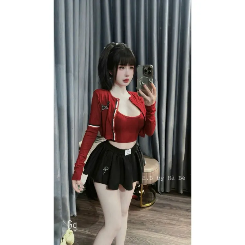 set đỏ chân váy thêu hình cún 798896