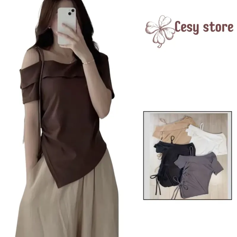 Áo thun nữ kiểu lệch vai phối dây rút nữ màu nâu đậm 789247