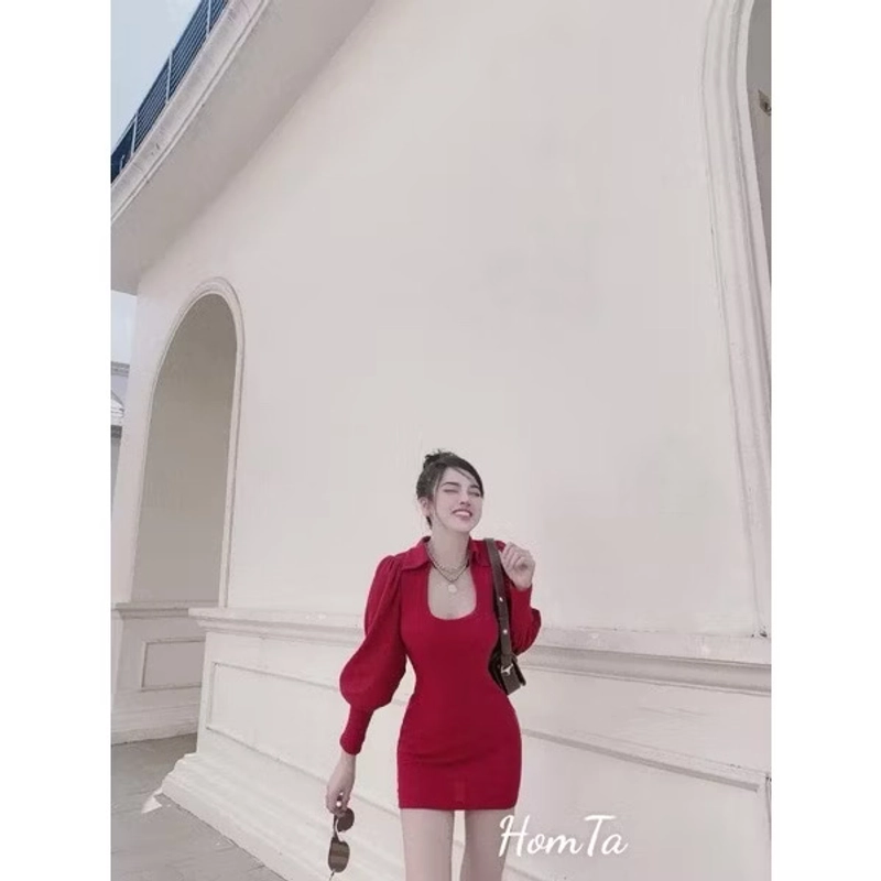 Váy thun bồng vai cổ U màu đỏ hồng rất đẹp 464028