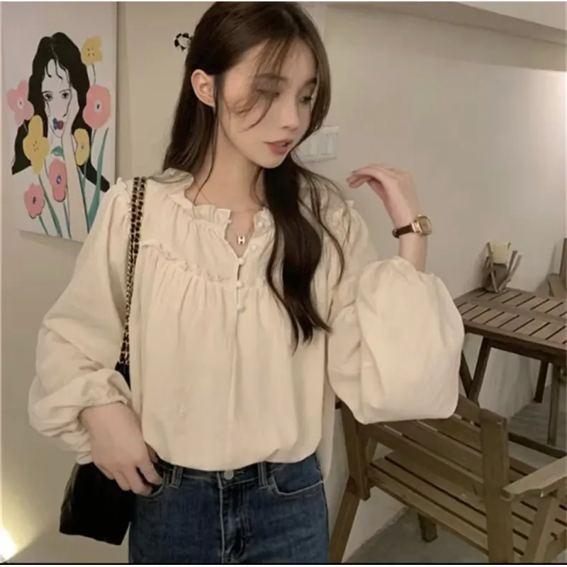 Bh Áo Tay Phồng Dài Cổ Tròn Dáng Rộng Viền Gỗ vintage Cho Nữ 995028