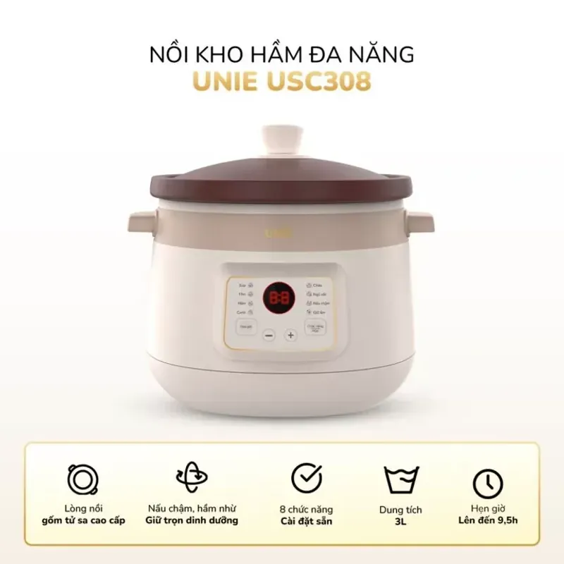 Nồi kho hầm đa năng UNIE USC308 dung tích 3L, lòng nồi gốm tử sa, 8 chức năng kho hầm 593129