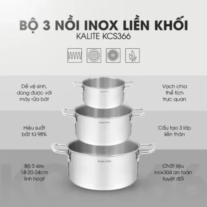 Bộ 3 nồi inox liền khối KALITE KCS366 – Bộ 3 size 18-20-24cm linh hoạt 706256