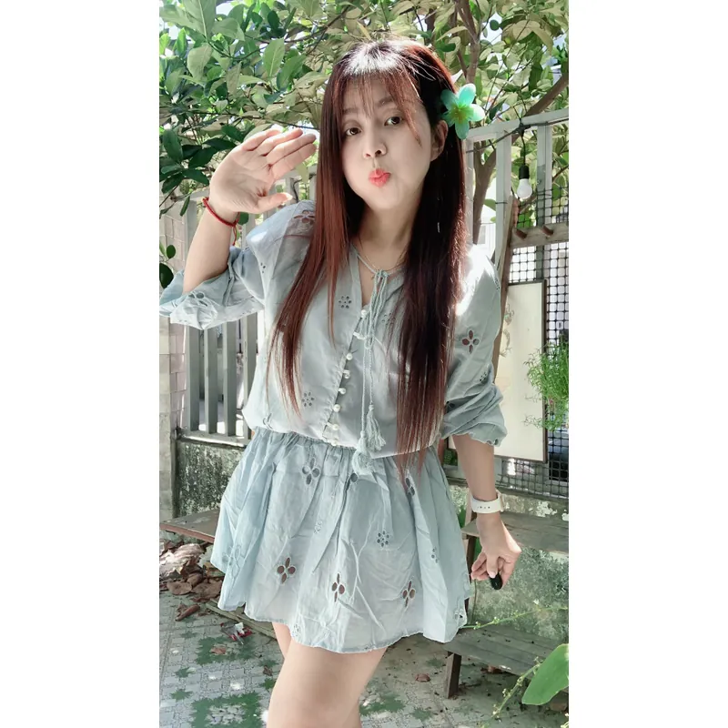 Set áo babydoll thêu hoa tay dài-set nữ babydoll hàng mới nguyên tag-hàng chuẩn bán shop 606801