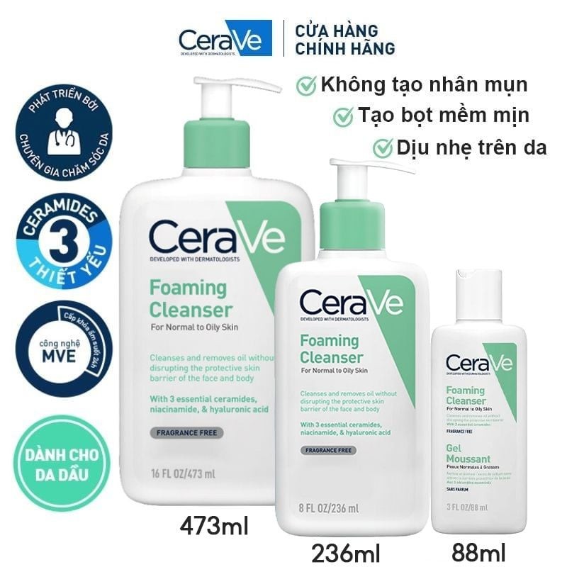 Sữa Rửa Mặt CeraVe Sạch Sâu Cho Da Thường Đến Da Dầu 236 ml - 473ml chính hãng 146598