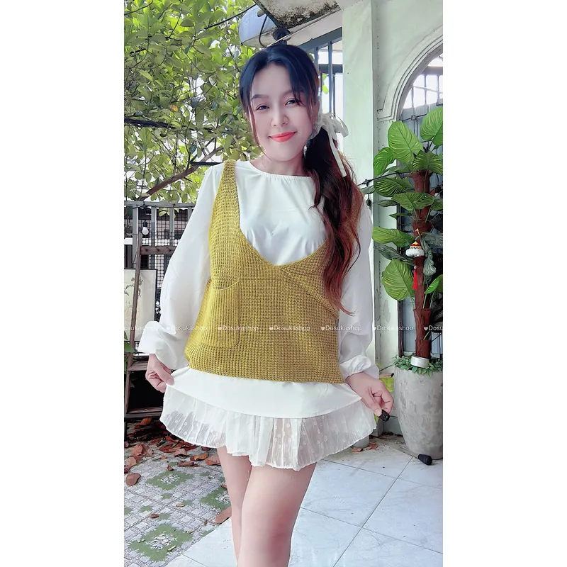 Set Gile Túi Kèm Áo Sơ Mi Tay Bồng Form Rộng Hot Trend 606824