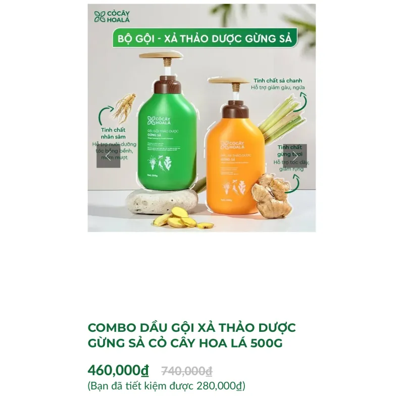 SET QUÀ 8/3 COMBO DẦU GỘI XẢ THẢO DƯỢC GỪNG SẢ CỎ CÂY HOA LÁ 500G (Date T10/2027) 934671