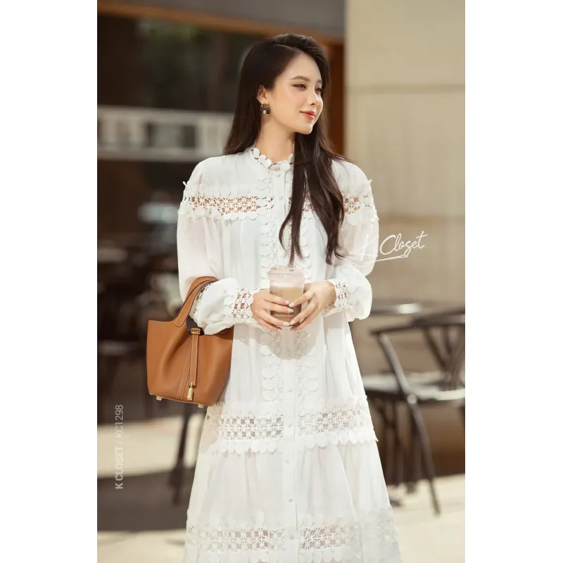 Đầm công sở nữ cổ điển phối ren màu trắng phong cách Hàn Quốc 777182
