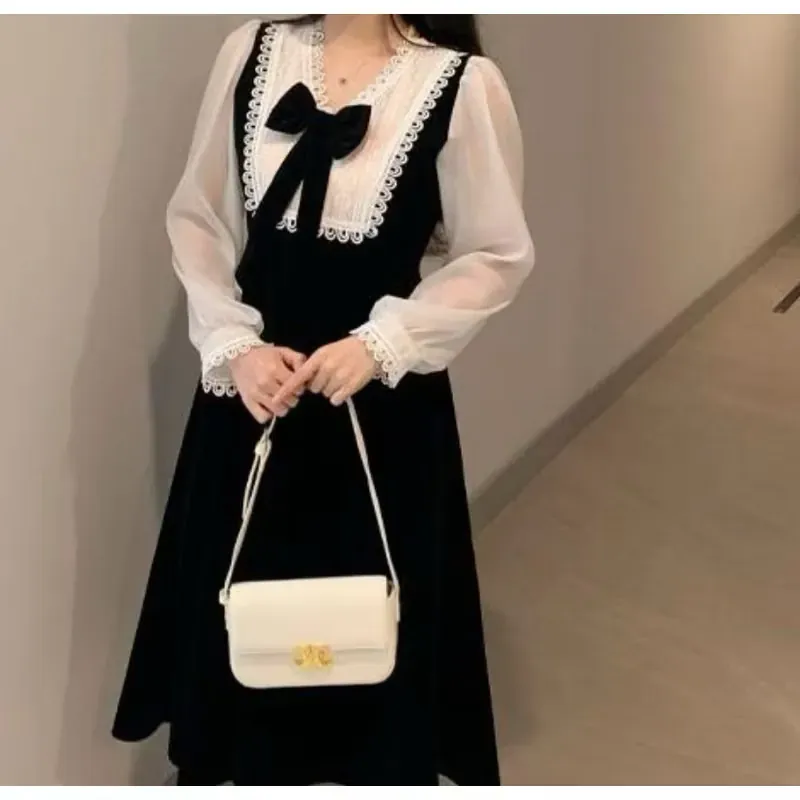 Váy nhung đen phối viền ren nơ cổ tiểu thư sang chảnh, size S 1027716