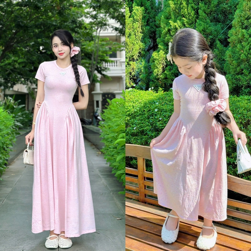 VÁY ĐÔI / COUPLE MẸ VÀ BÉ GÁI váy đầm maxi thun cột nơ phía sau kèm chun cột tóc 474127
