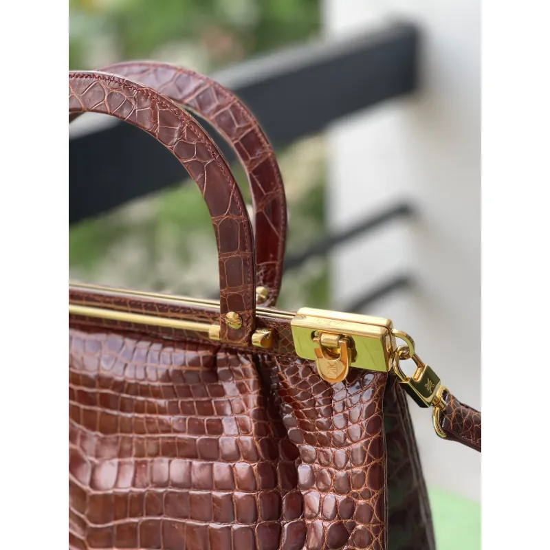 Kwanpen Túi xách nữ da cá sấu cao cấp màu nâu đỏ hàng hiệu 974438