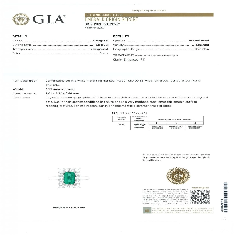 Nhẫn Emerald PT900 1.080CT Xuất xứ Colombia - Hàng hiệu Chính hãng 850062