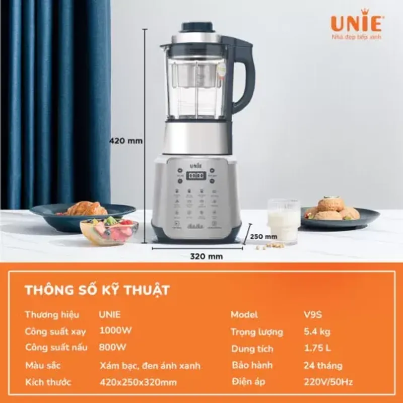 Máy làm sữa hạt UNIE V9S dung tích 1,75L, cối thủy tinh bền bỉ, tạm dừng tiện lợi 712112