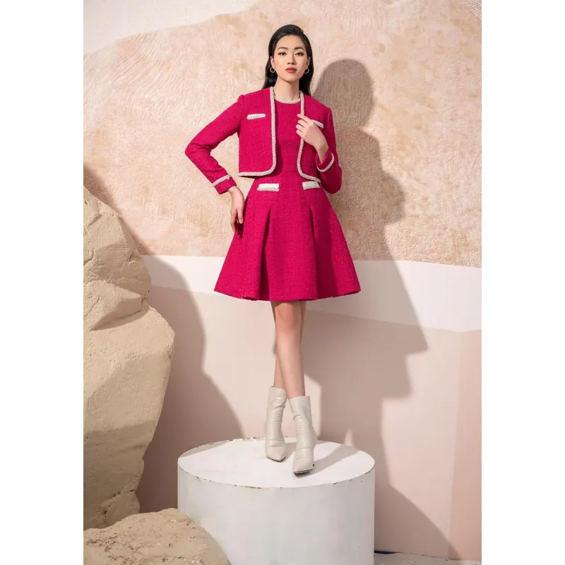 Set áo khoác kèm váy dạ tweed hồng cánh sen thiết kế cao cấp by Aries size M  748628
