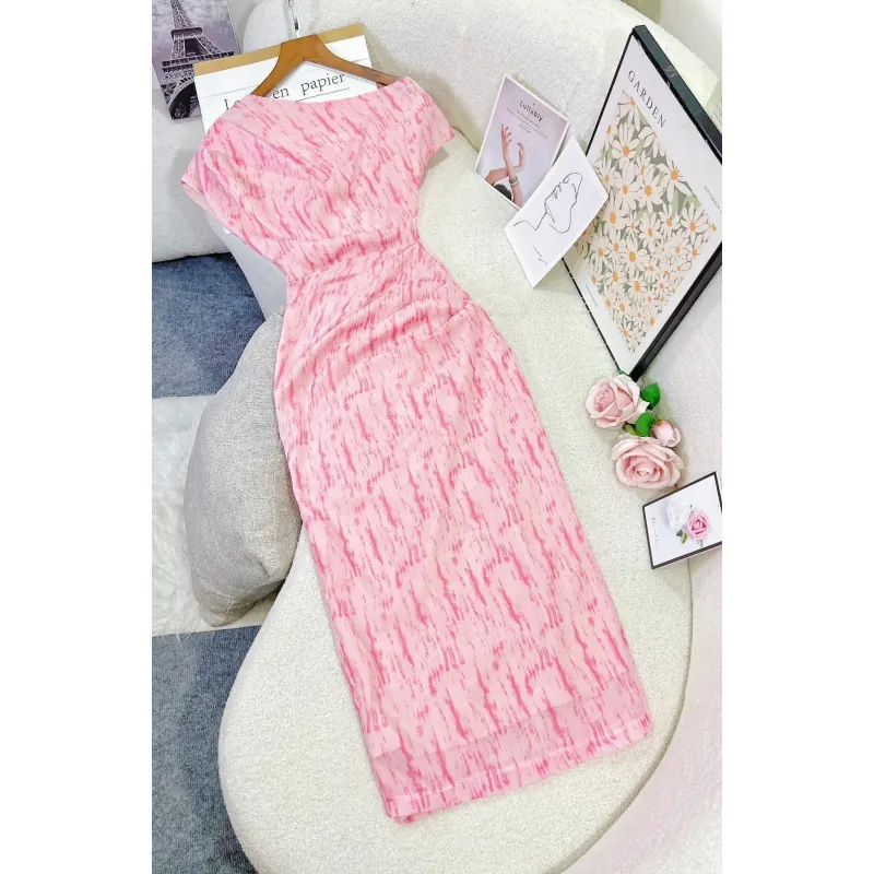 Váy đầm nữ tay ngắn họa tiết hoạ tiết phối đen_size M màu hồng 715963