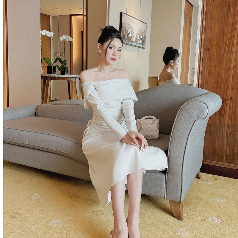 Váy Đầm Nữ Dáng Dài Trễ Vai SOLEIL ROOM Nhúng Hông Chống Nhăn Tôn Dáng LORA DRESS 496558