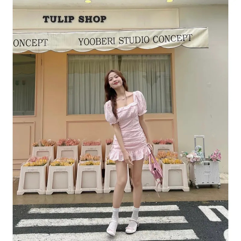 Váy nữ chiffon ngắn cổ Vuông tay bồng màu Hồng nhạt 749418