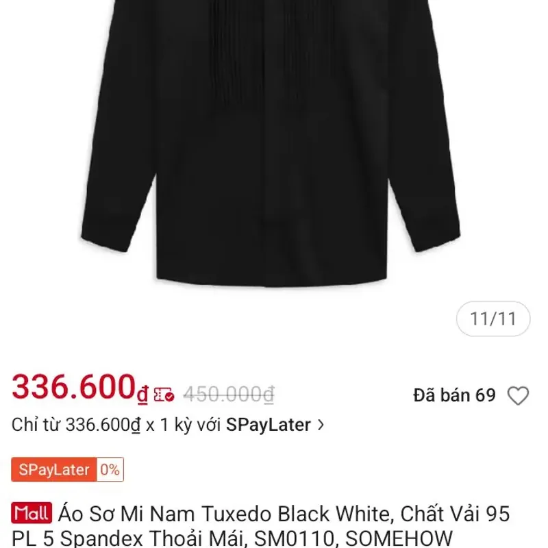 Áo sơ mi cổ tàu nam màu đen size S SomeHow mặc 1 lần 564891