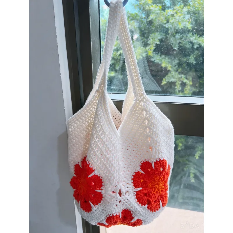TÚI LEN MÓC TAY HOẠ TIẾT HOA PHƯỢNG ĐỎ - HANDMADE CROCHET BAG 763505