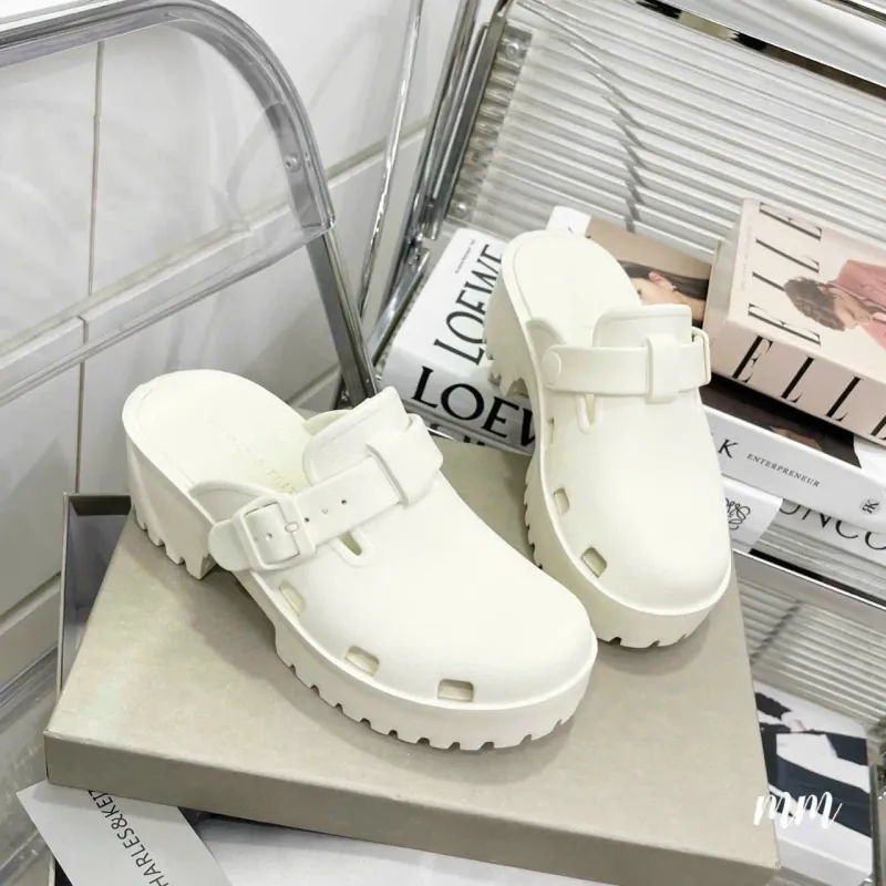 Dép lê nữ quai ngang màu trắng đục cao su dày đế bục 1024433