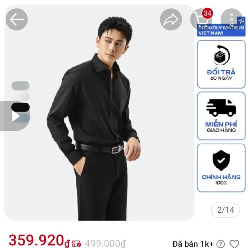 Áo sơ mi đen Coolmate size S vải Modal thoáng khí mặc 1 lần 564890