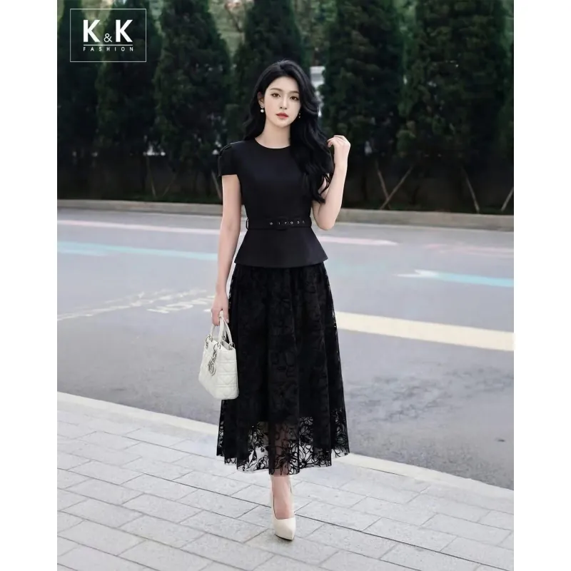 Váy nữ chiffon dáng dài phối ren họa tiết đen size M 1013141