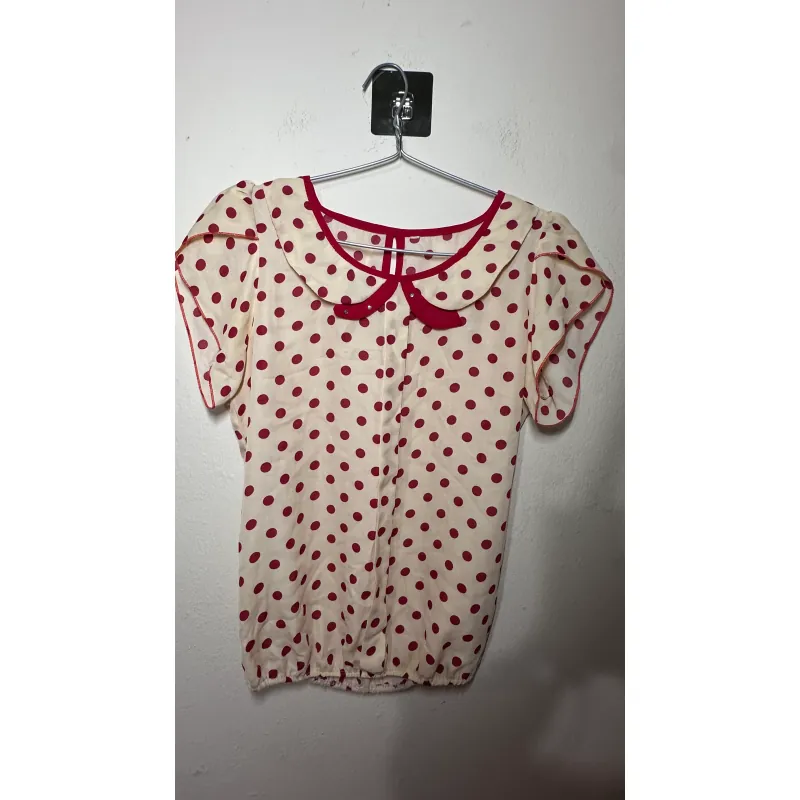 Áo kiểu nữ chấm bi cổ tròn tay ngắn màu kem đỏ 734253