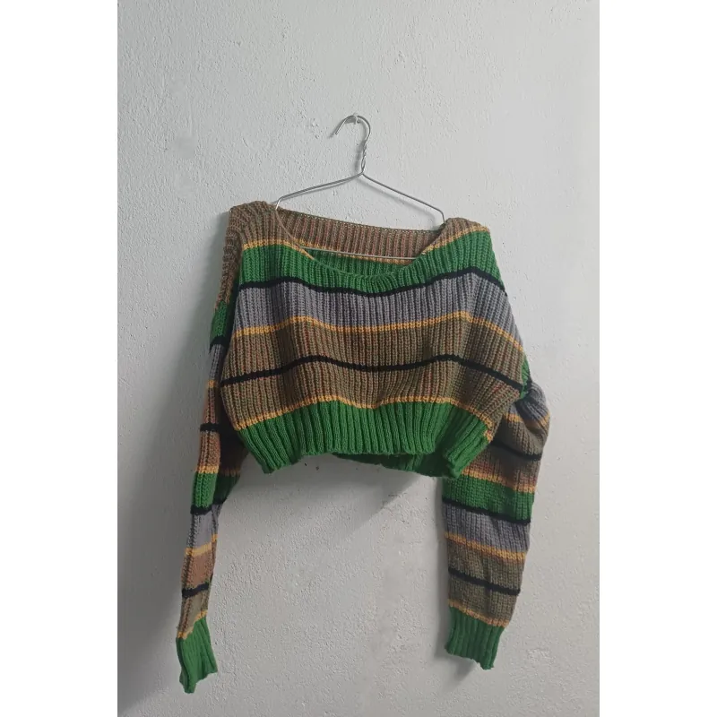 ÁO LEN DỆT KIM TAY DÀI CROPTOP KẺ SỌC XANH 745596