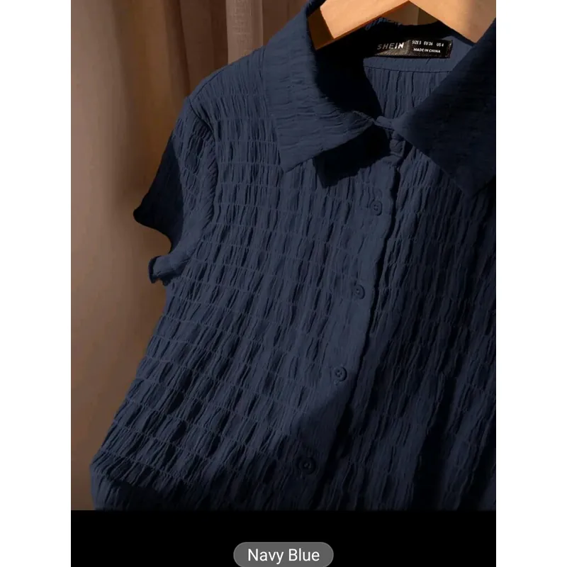 Áo sơ mi dáng croptop xanh dương đậm tay ngắn 608935