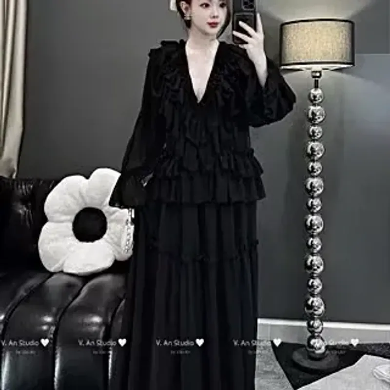 Set váy voan tơ đen ren 753215